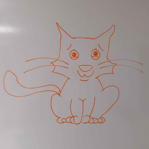 Another orange whiteboard pen drawing, this time with a worried smiling face, and small circular eyes, kinda like Family Guy but with larger shiny pupils.